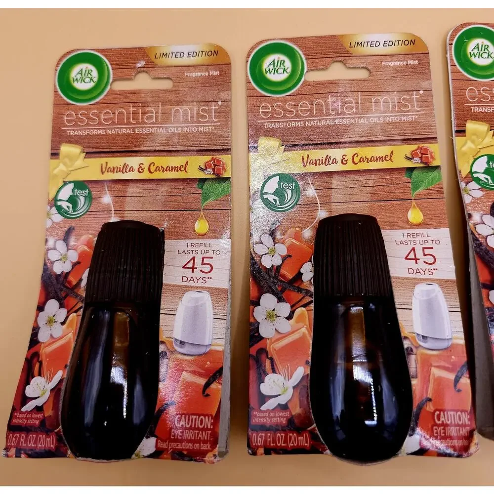 (4) Air Wick Essential Mist Vanilla Caramel Refills 0.67oz/20mL Limited Edition